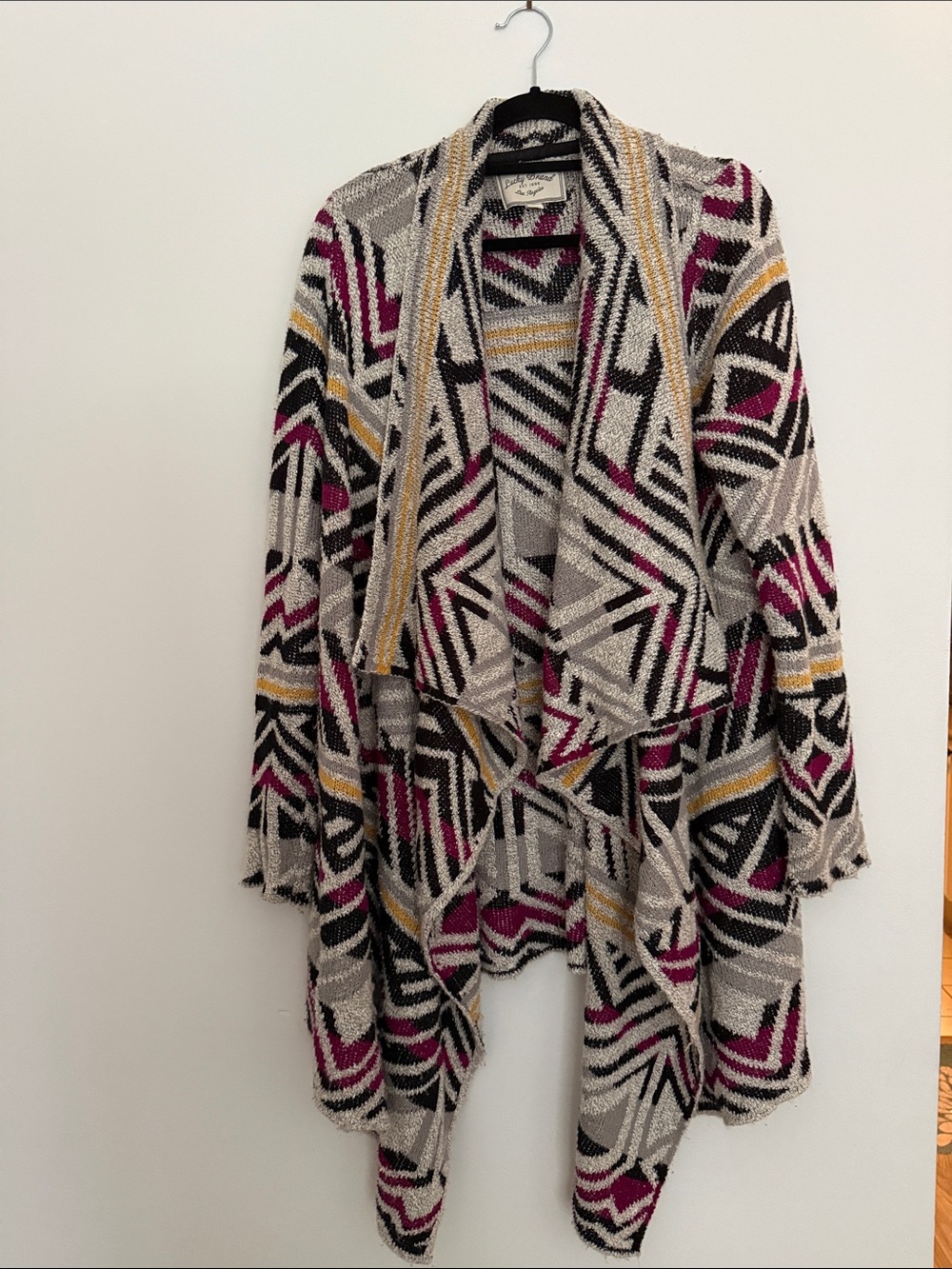 Lucky Brand Open-Front Geometric Cardigan in Pink, Gray & Black with yellow